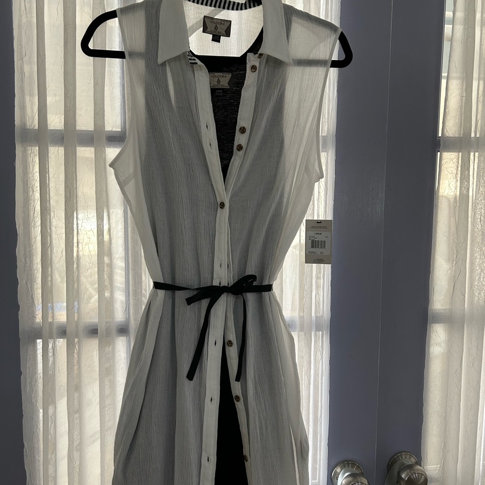 Volcom Sleeveless Sheer Gauze White Button-Down Shirtdress Dress with black slip